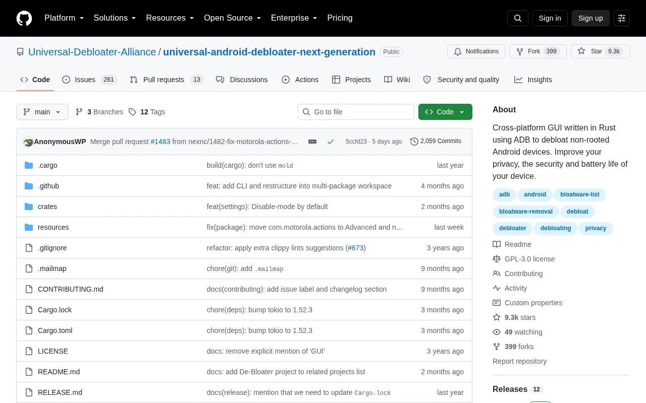 Universal Android Debloater v2 homepage screenshot