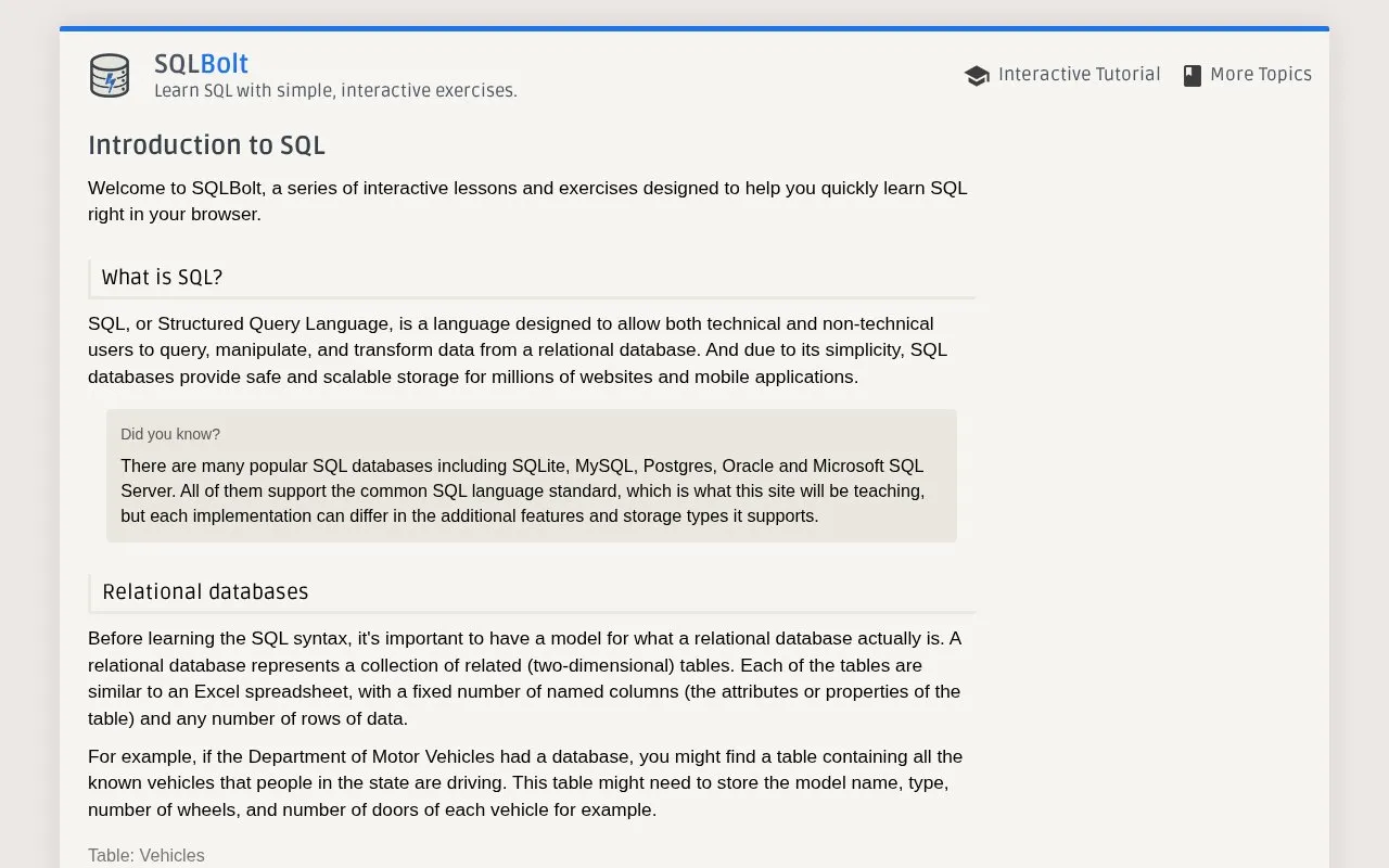 Learn SQL homepage screenshot