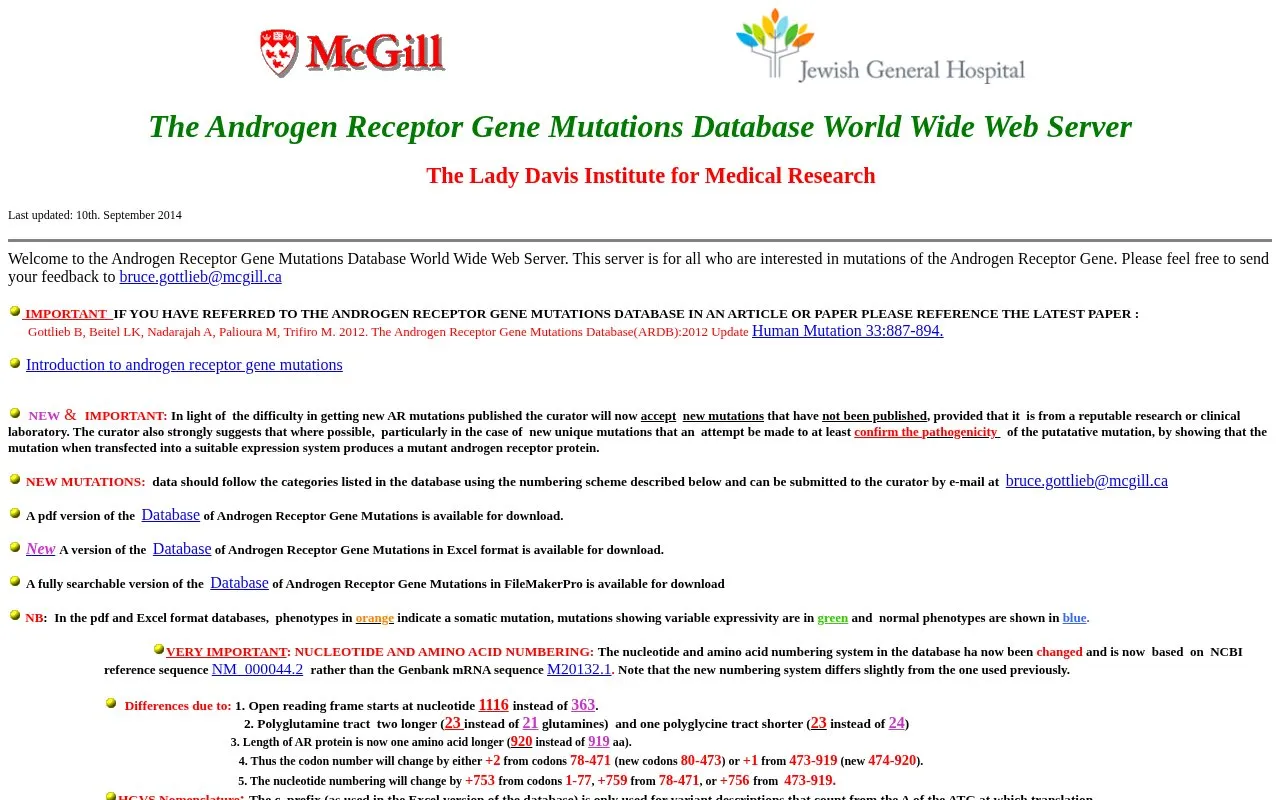 Androgen Receptor Mutations Database homepage screenshot