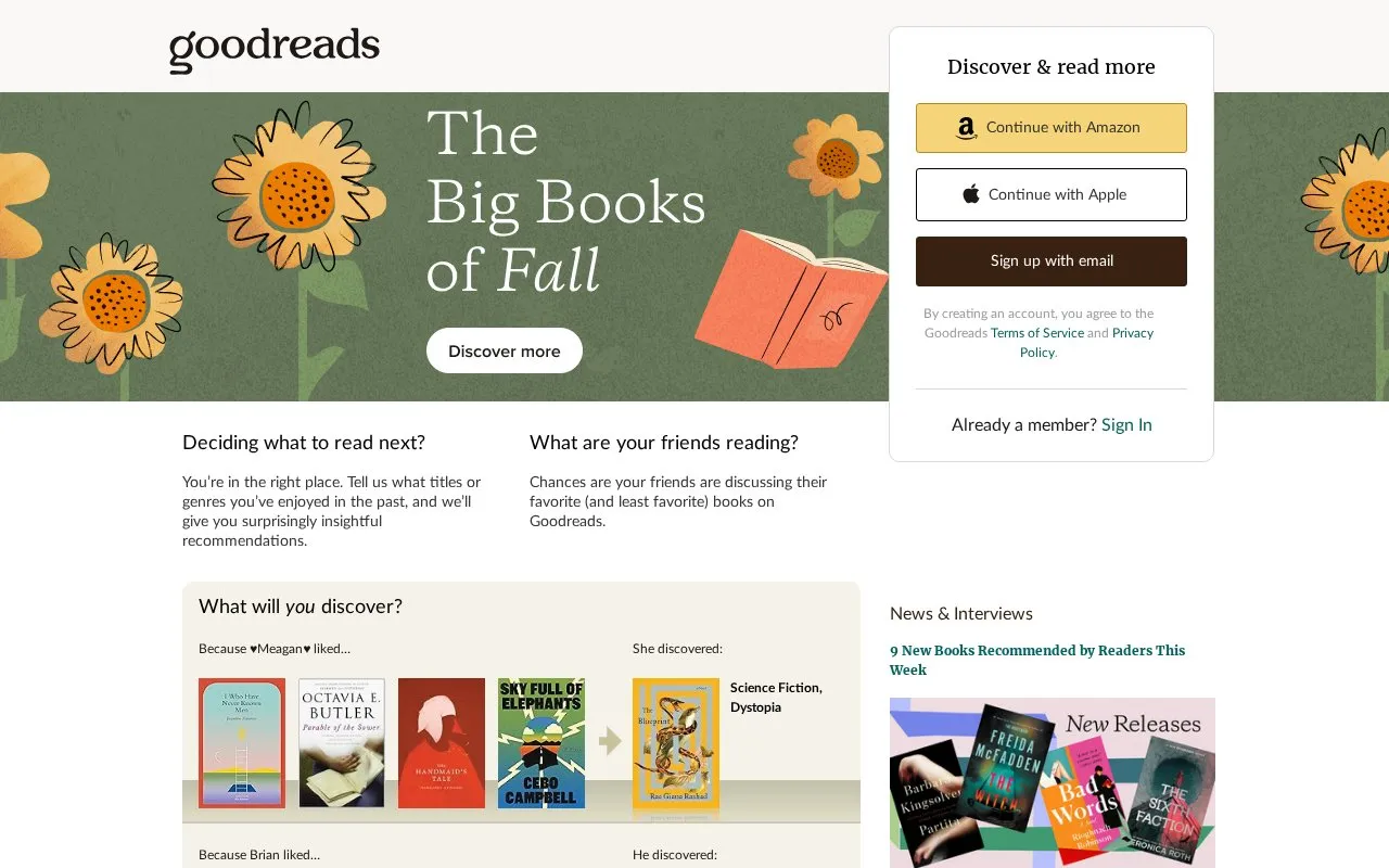 Goodreads homepage screenshot