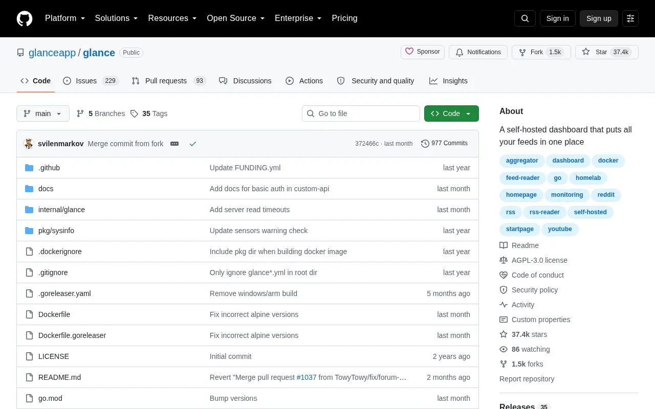 Glance homepage screenshot