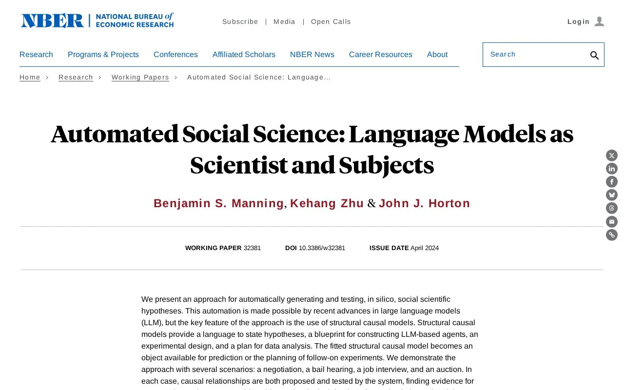 Automated Social Science: Language Models as Scientist and Subjects NBER homepage screenshot