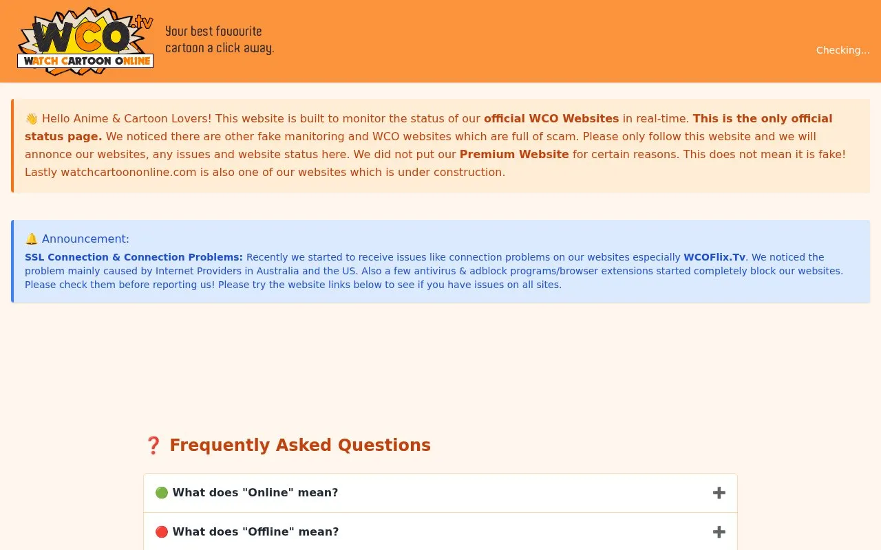 Wcostatus homepage screenshot