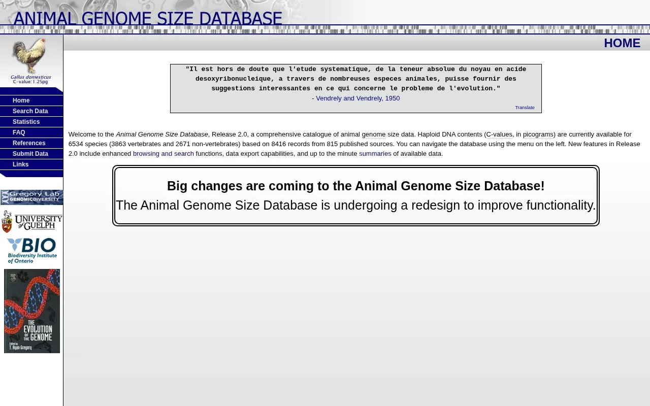 Animal Genome Size Database homepage screenshot