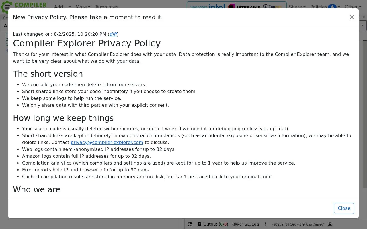 Compiler Explorer homepage screenshot