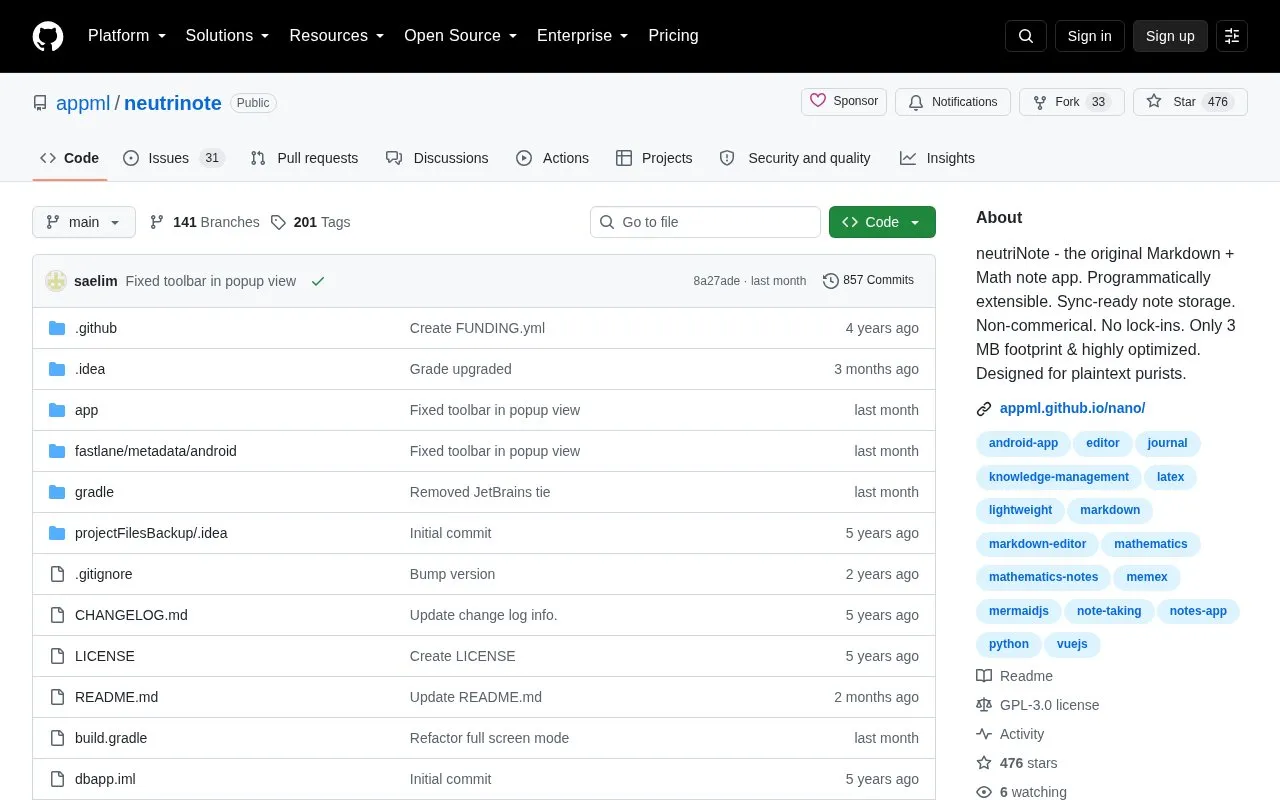 neutriNote homepage screenshot