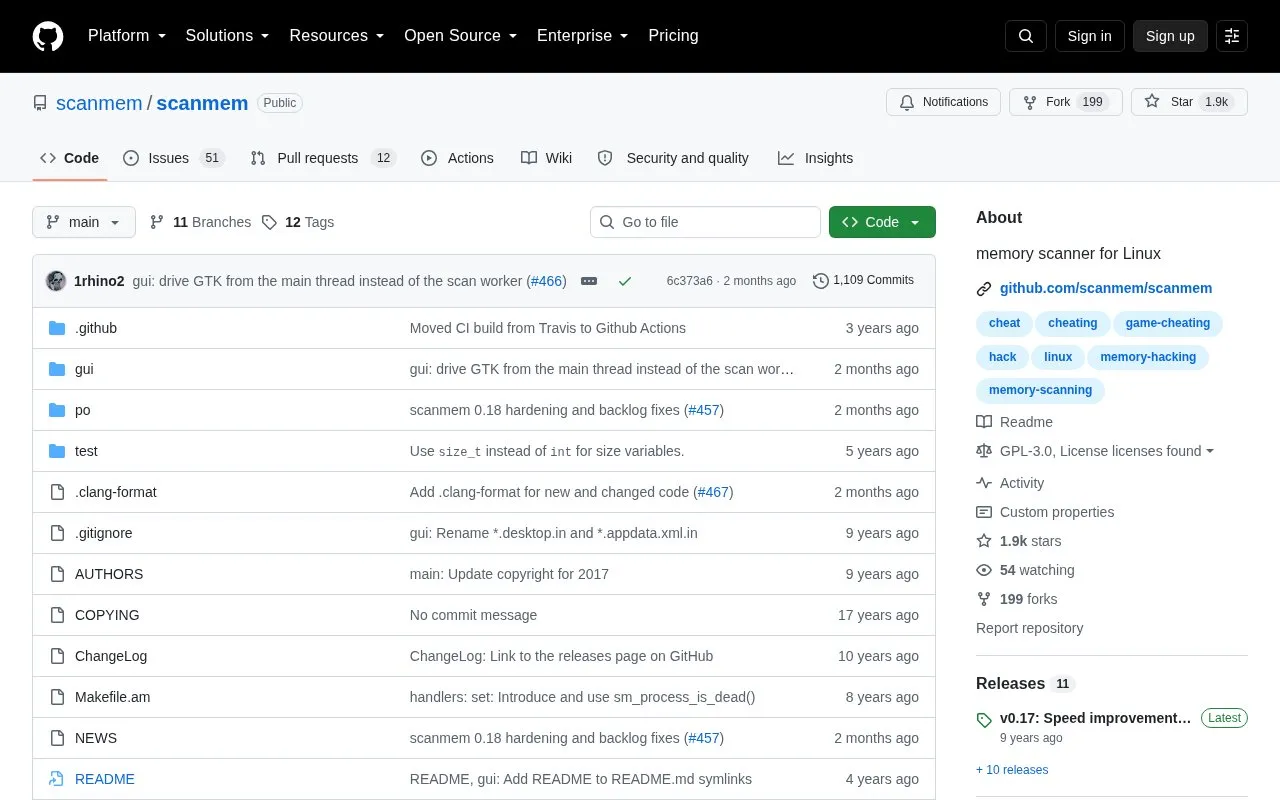 ScanMem homepage screenshot