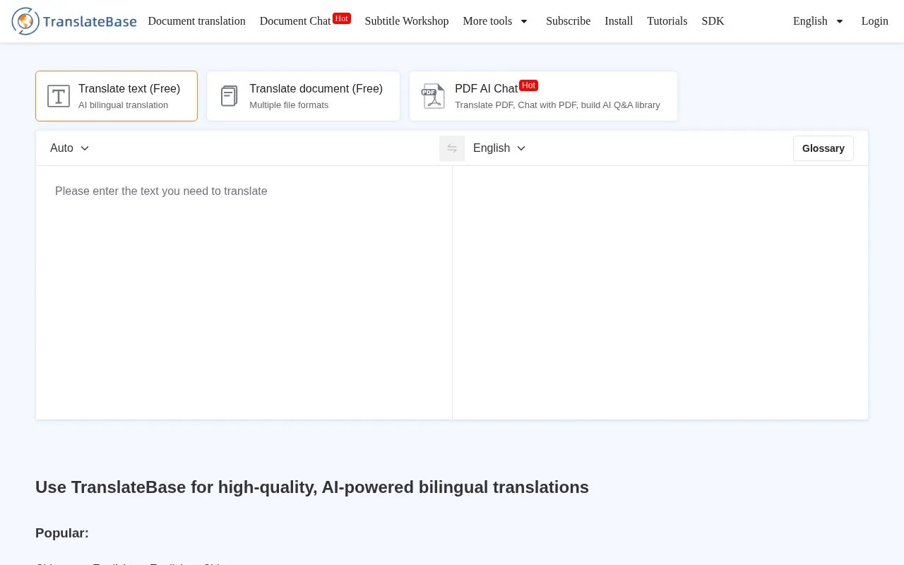 TranslateBase homepage screenshot