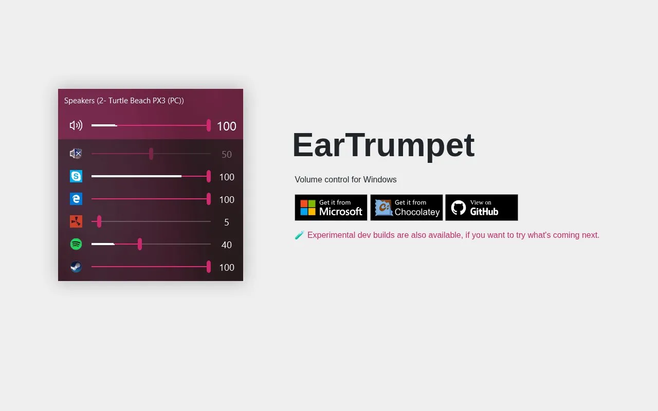 EarTrumpet homepage screenshot