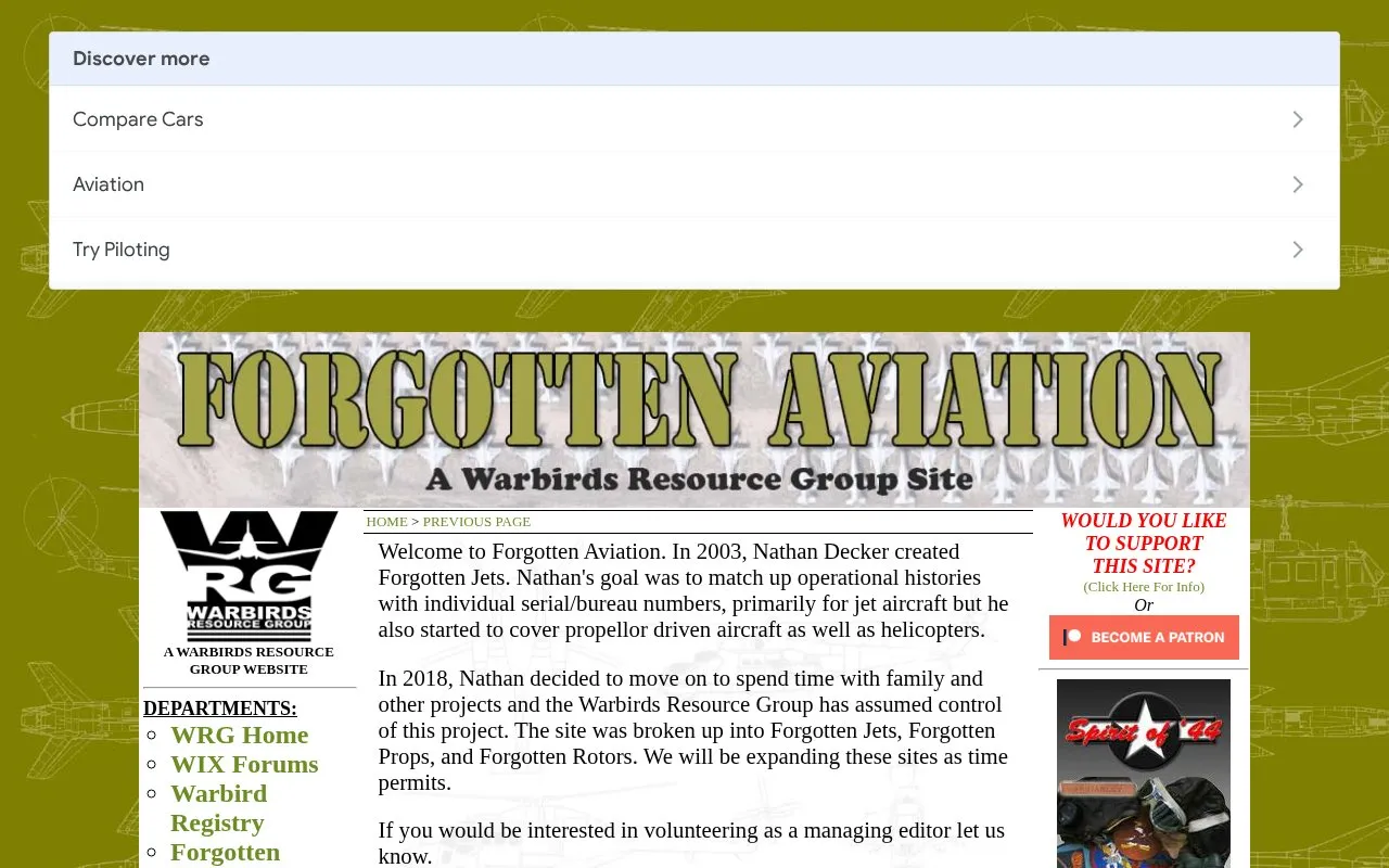 Forgotten Aviation homepage screenshot