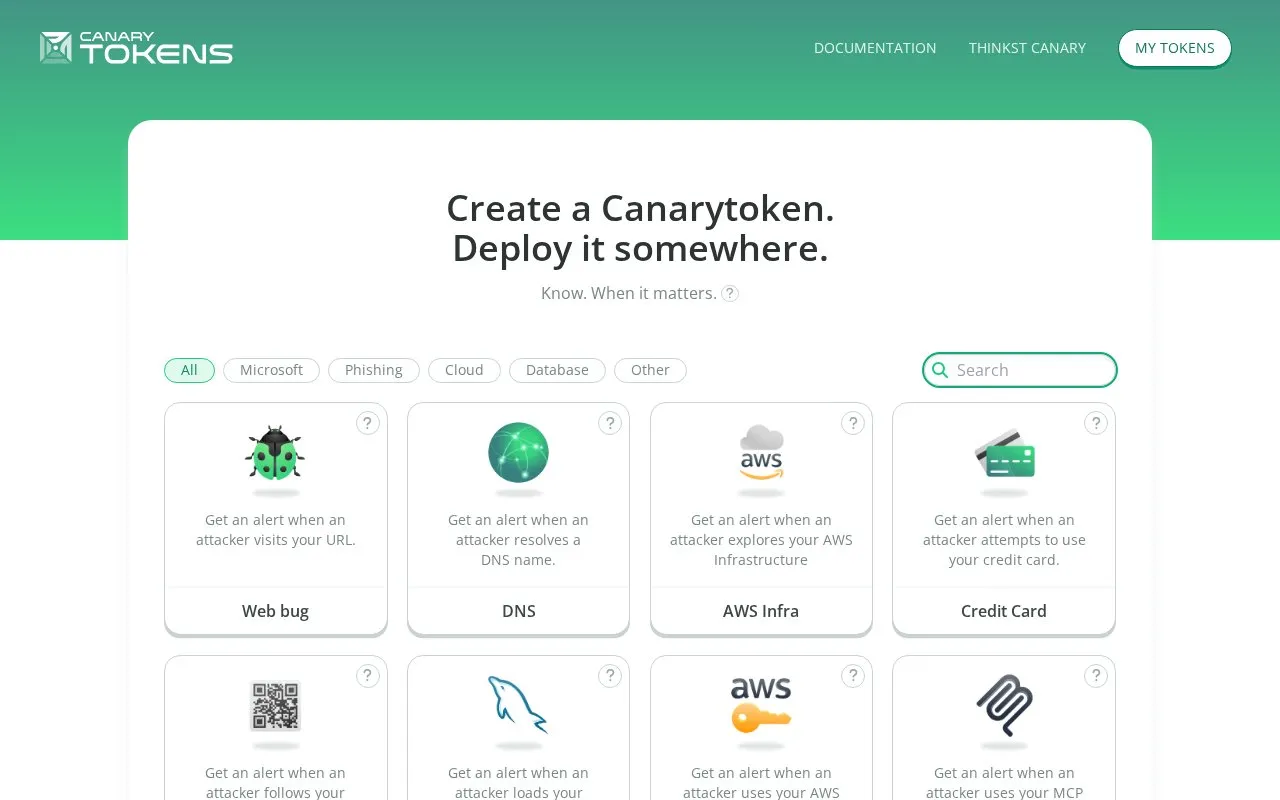 Canary Tokens homepage screenshot