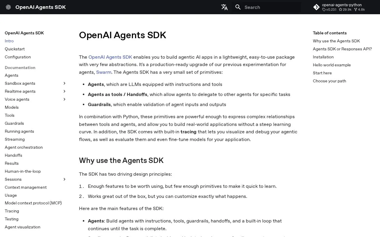 OpenAI Agents SDK homepage screenshot