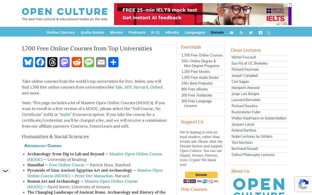 OpenCulture homepage screenshot