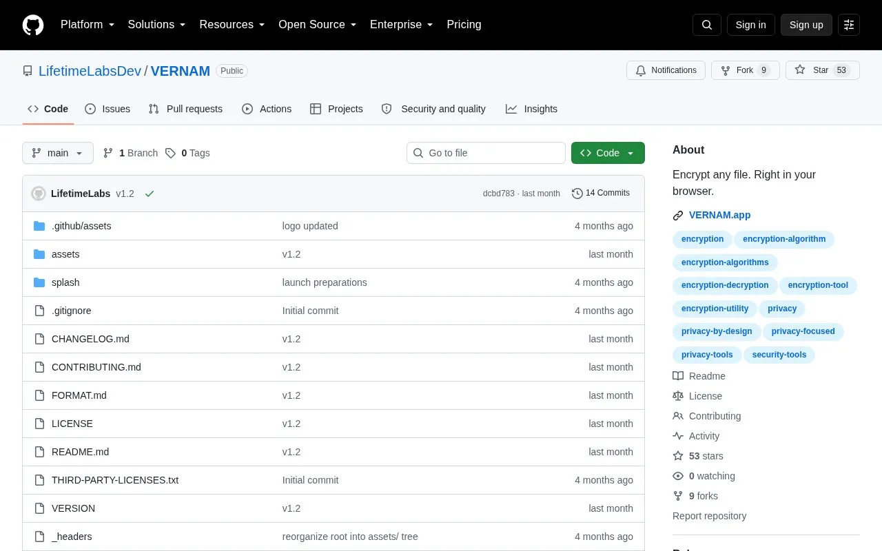 Vernam homepage screenshot