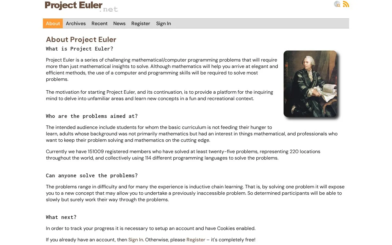 Project Euler homepage screenshot