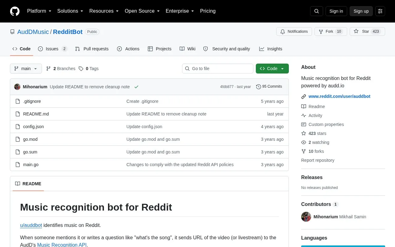 Reddit Bot homepage screenshot