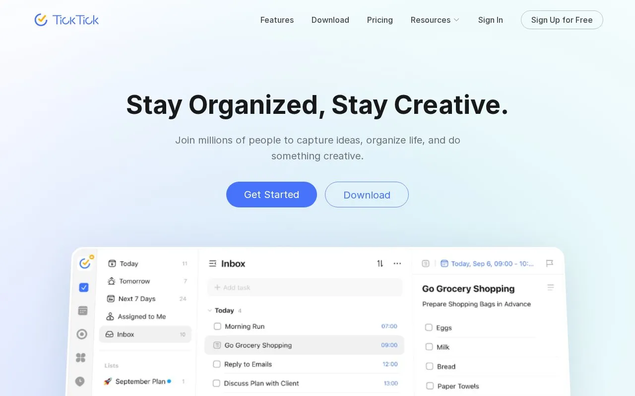 TickTick homepage screenshot