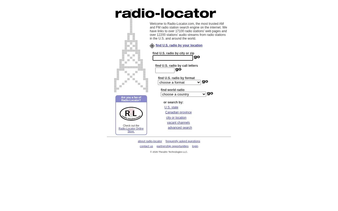 Radio-Locator homepage screenshot