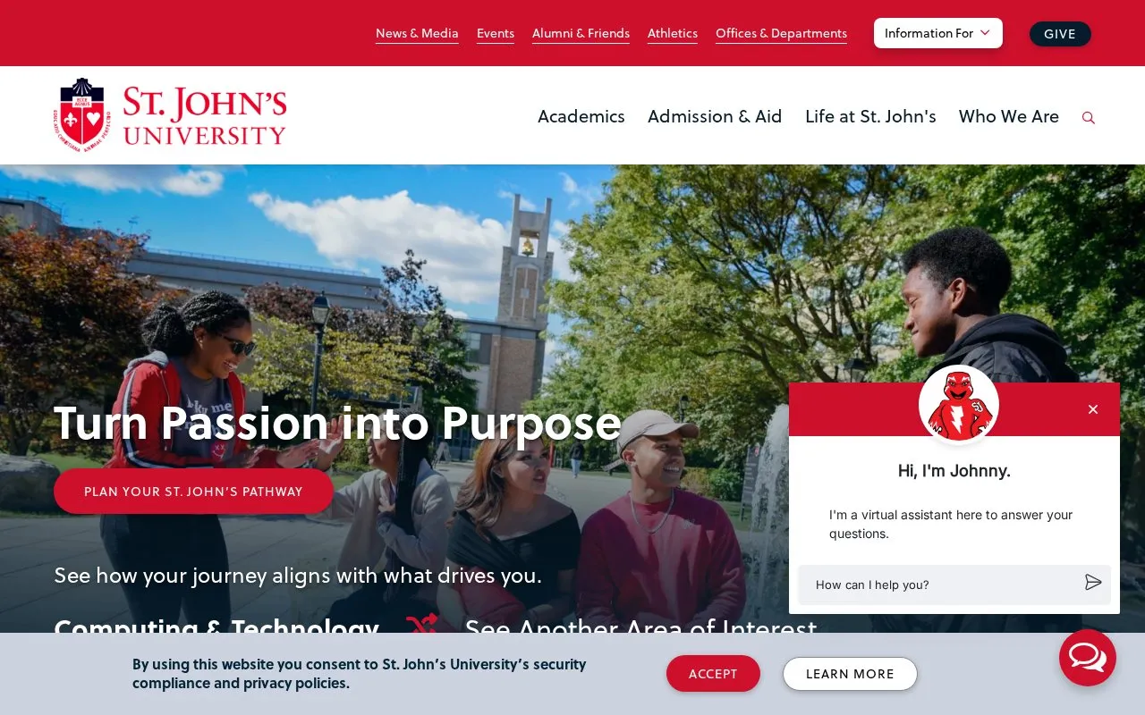 Saint John's University homepage screenshot
