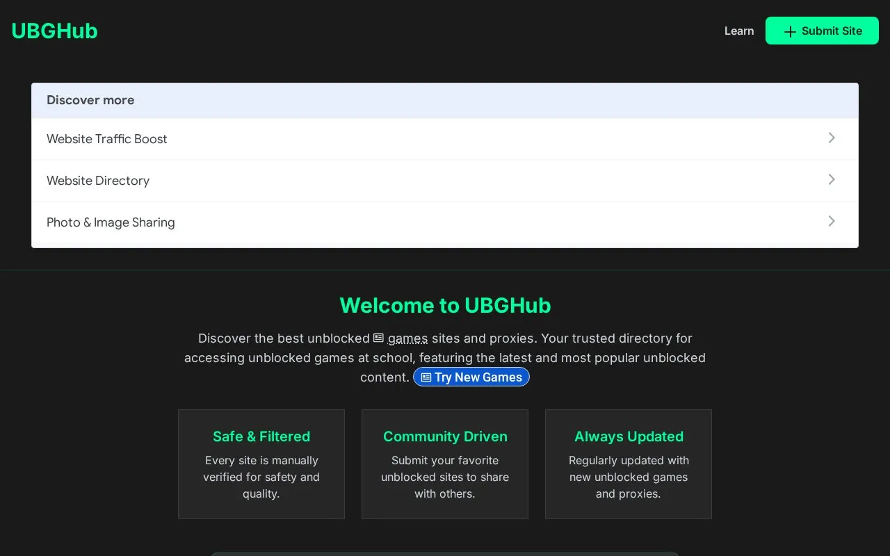 UBGHub homepage screenshot