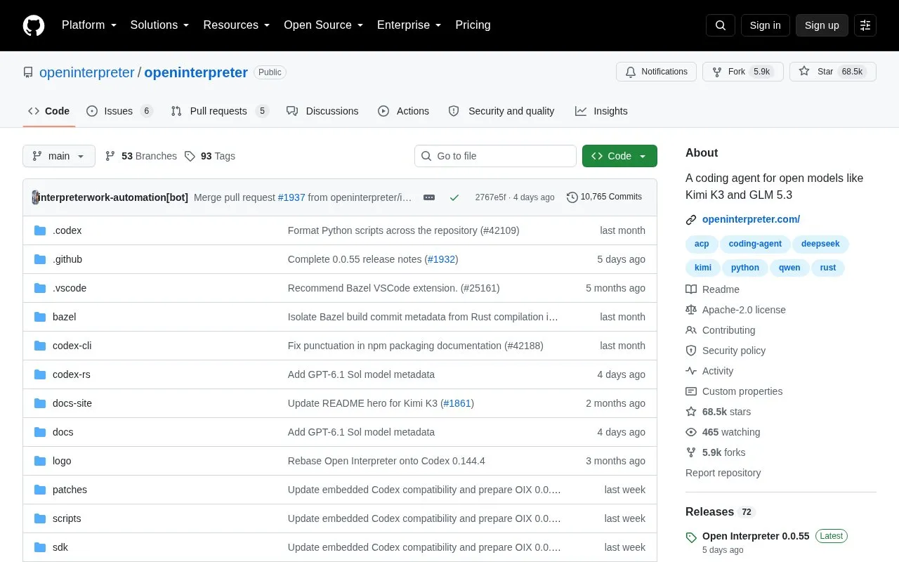 Open Interpreter homepage screenshot