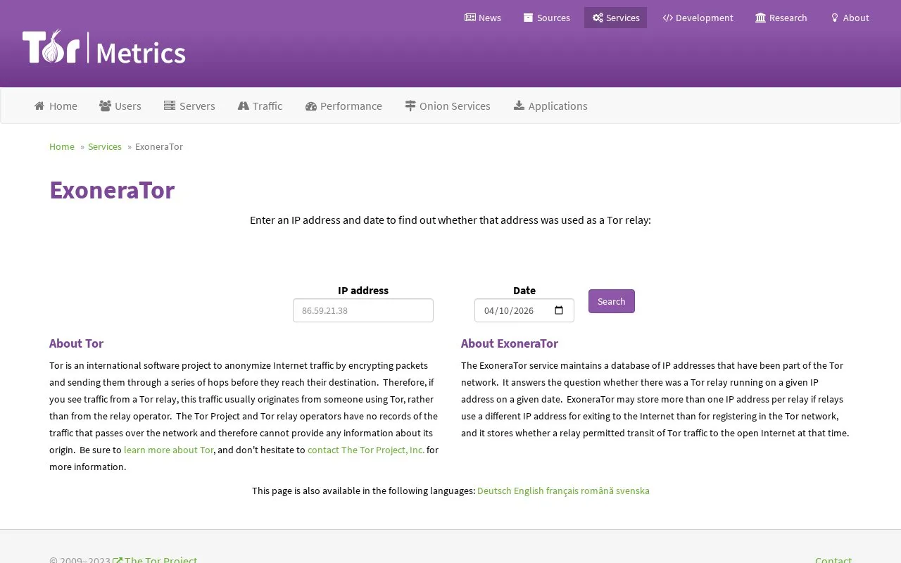 Exonera Tor homepage screenshot
