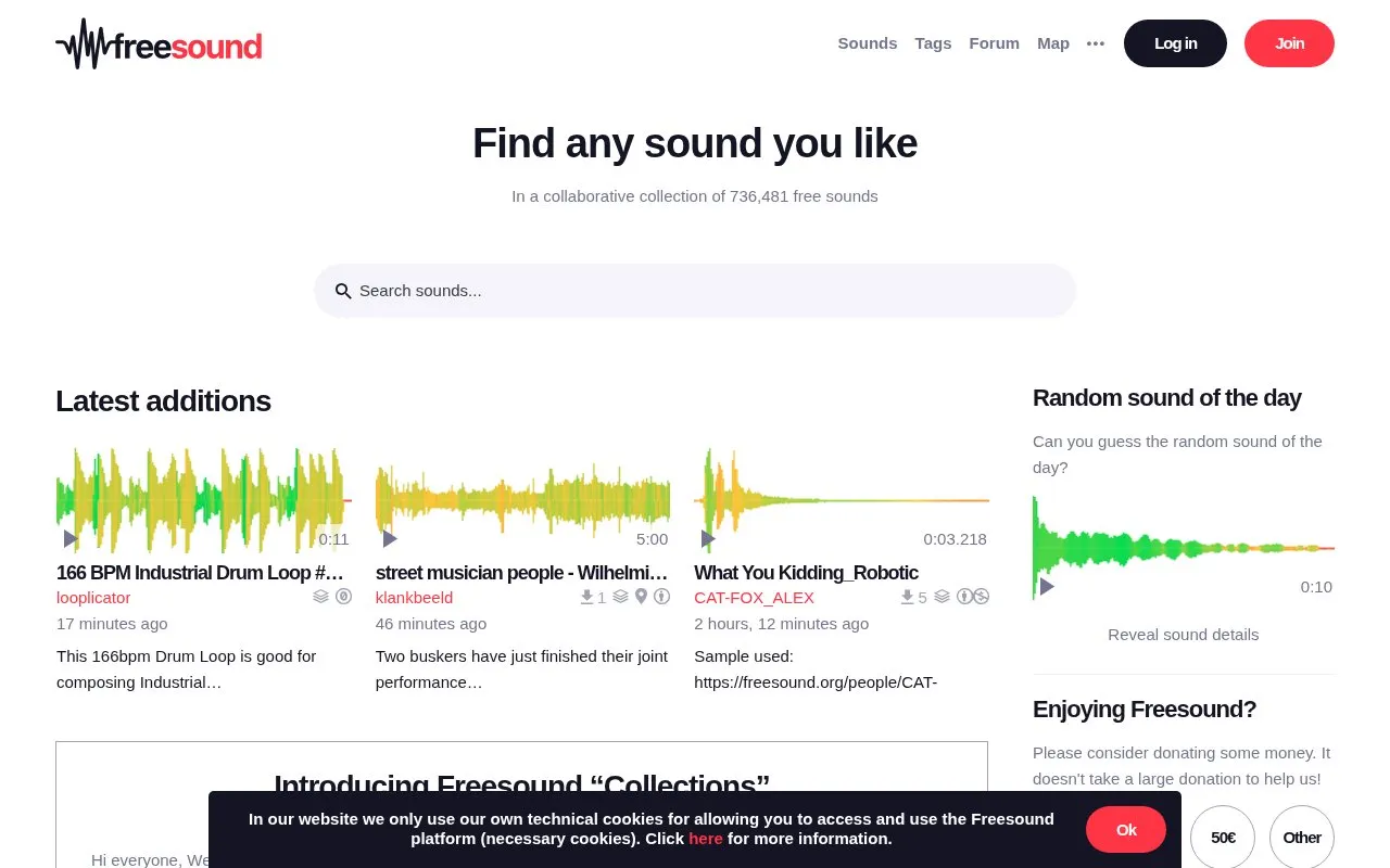 Freesound homepage screenshot