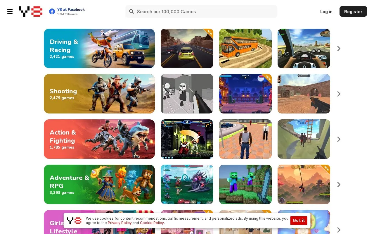 Y8 homepage screenshot