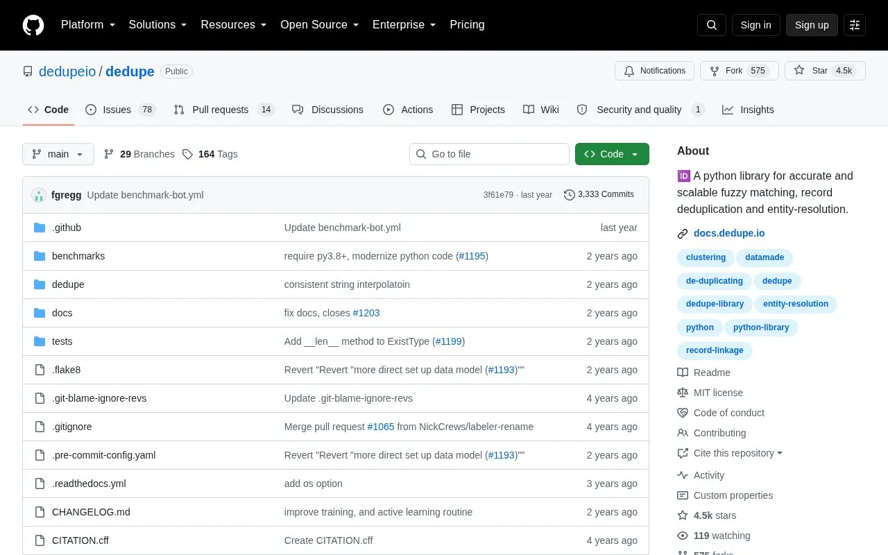 Dedupe homepage screenshot