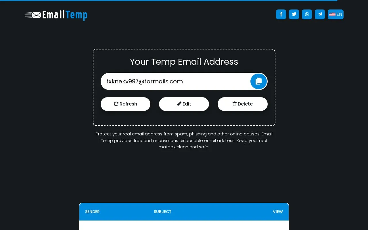EmailTemp homepage screenshot