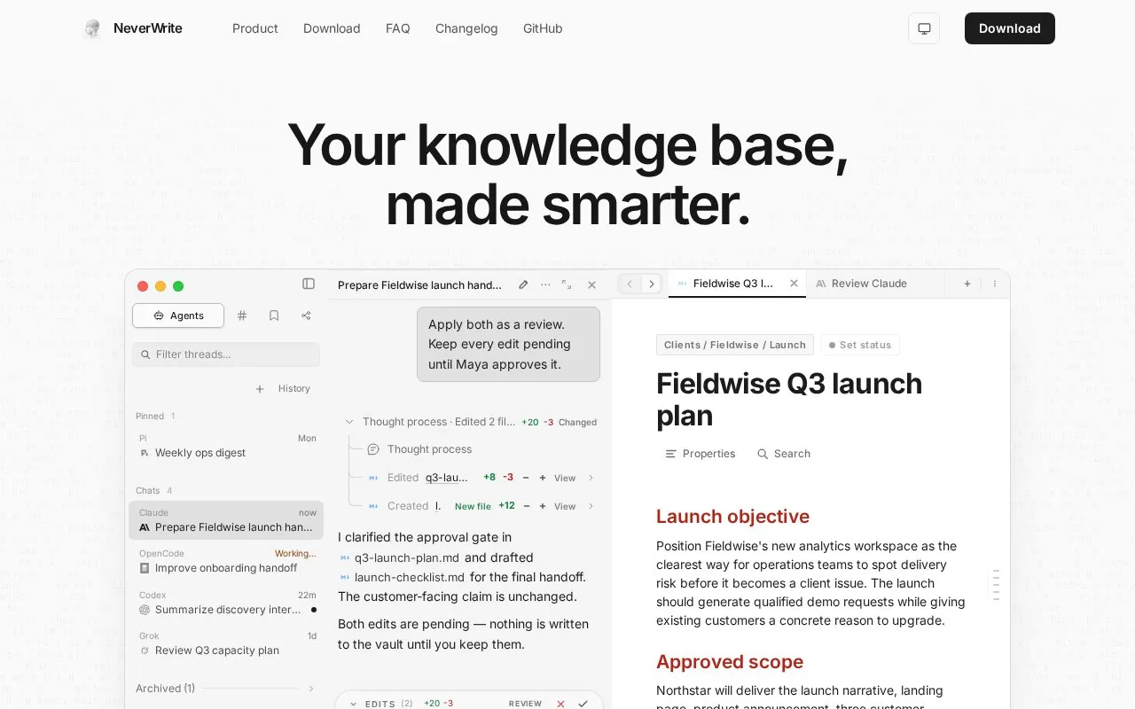 NeverWrite homepage screenshot