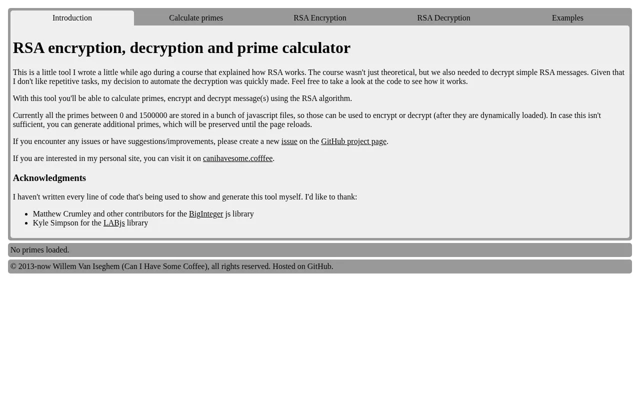 RSA encryption, decryption and prime calculator homepage screenshot