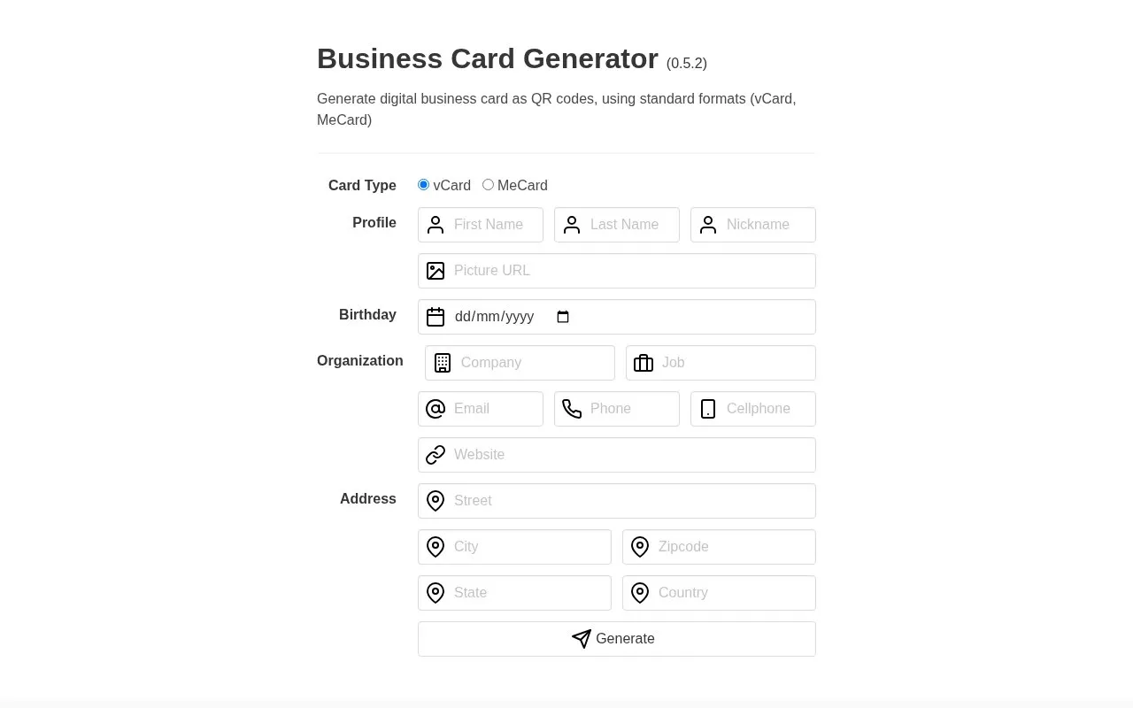 Business Card Generator homepage screenshot