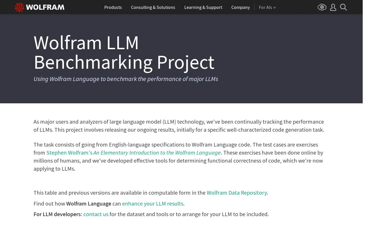 Wolfram LLM Benchmarking Project homepage screenshot