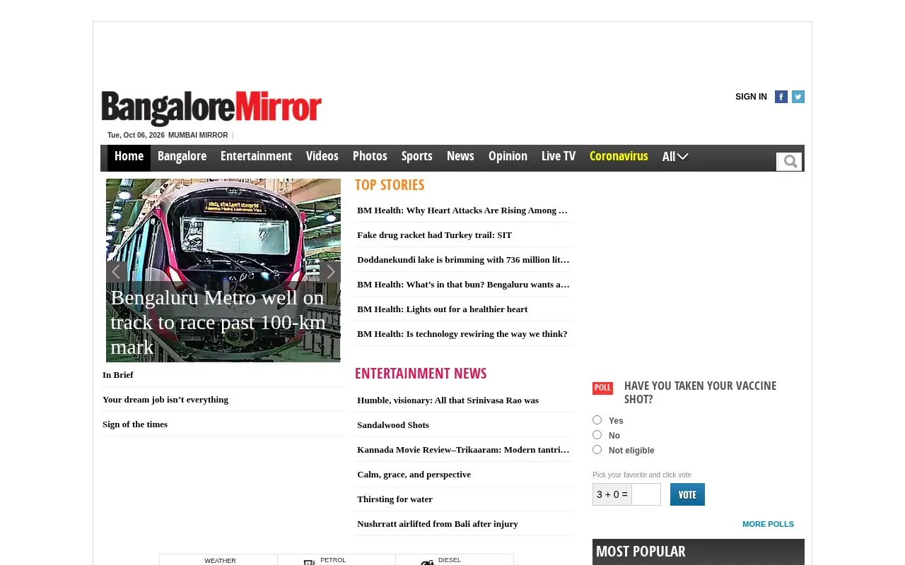 Bengaluru Mirror homepage screenshot