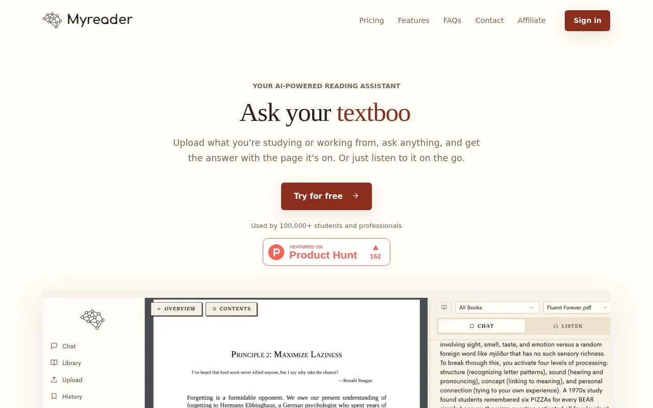 Myreader AI homepage screenshot