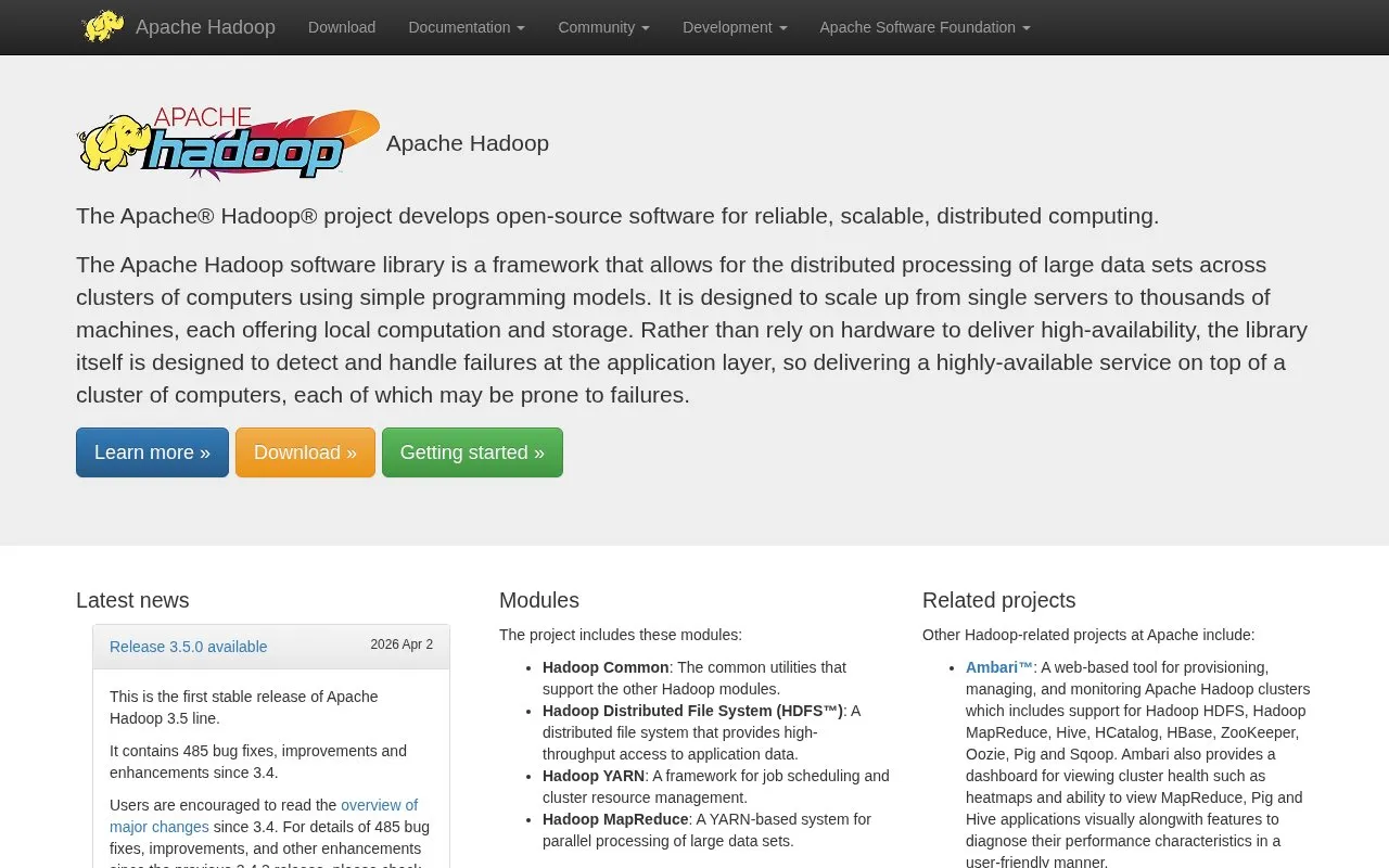 Hadoop homepage screenshot