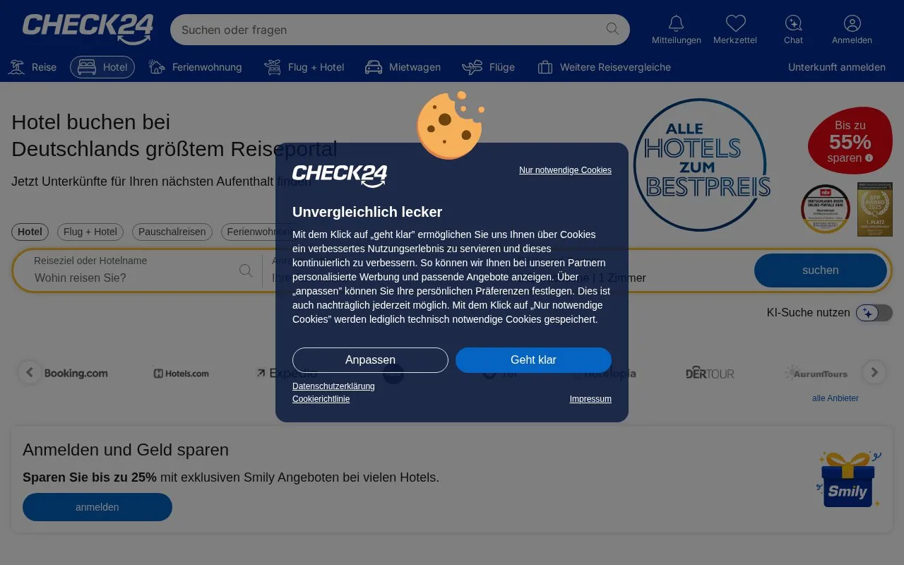 CHECK24 Hotel homepage screenshot
