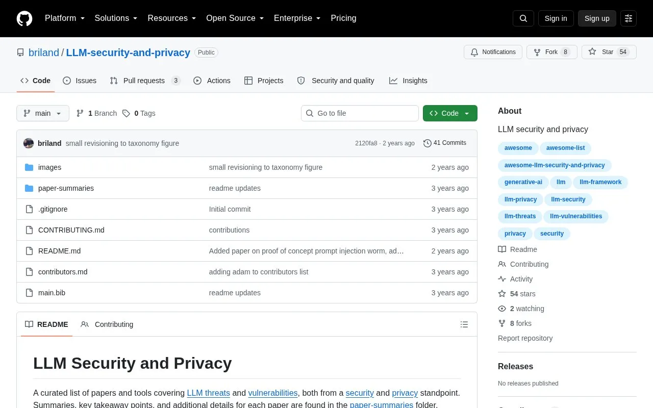 briland/LLM-security-and-privacy homepage screenshot