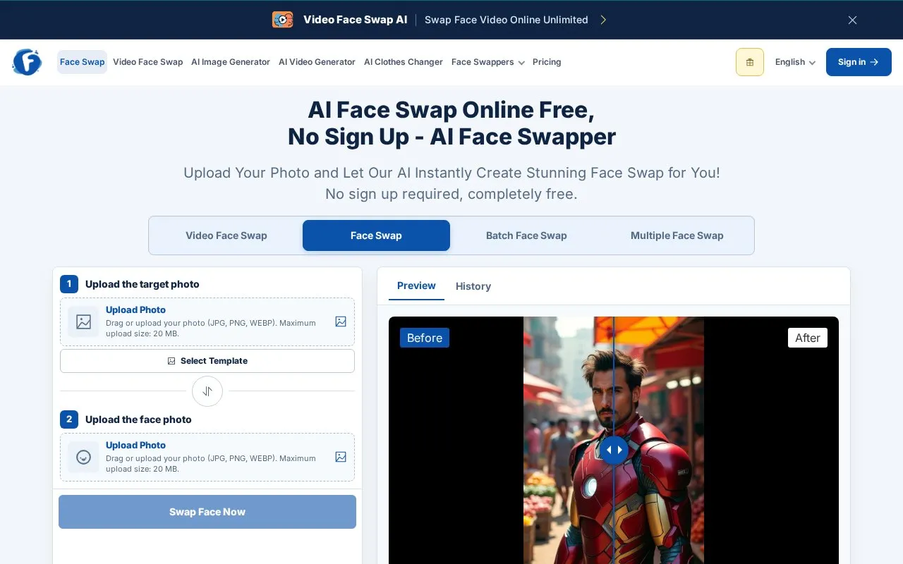 AI Face Swapper homepage screenshot