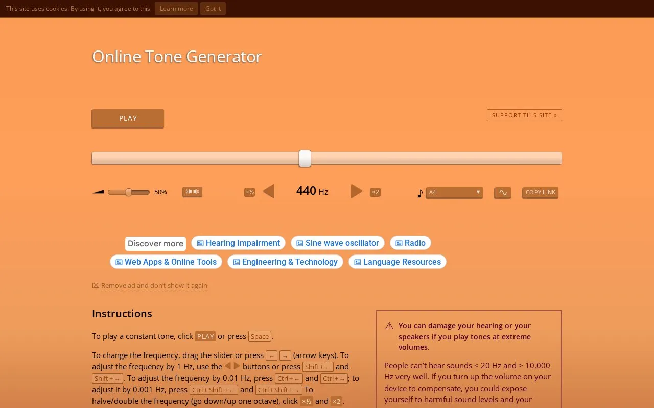 Tone Generator homepage screenshot
