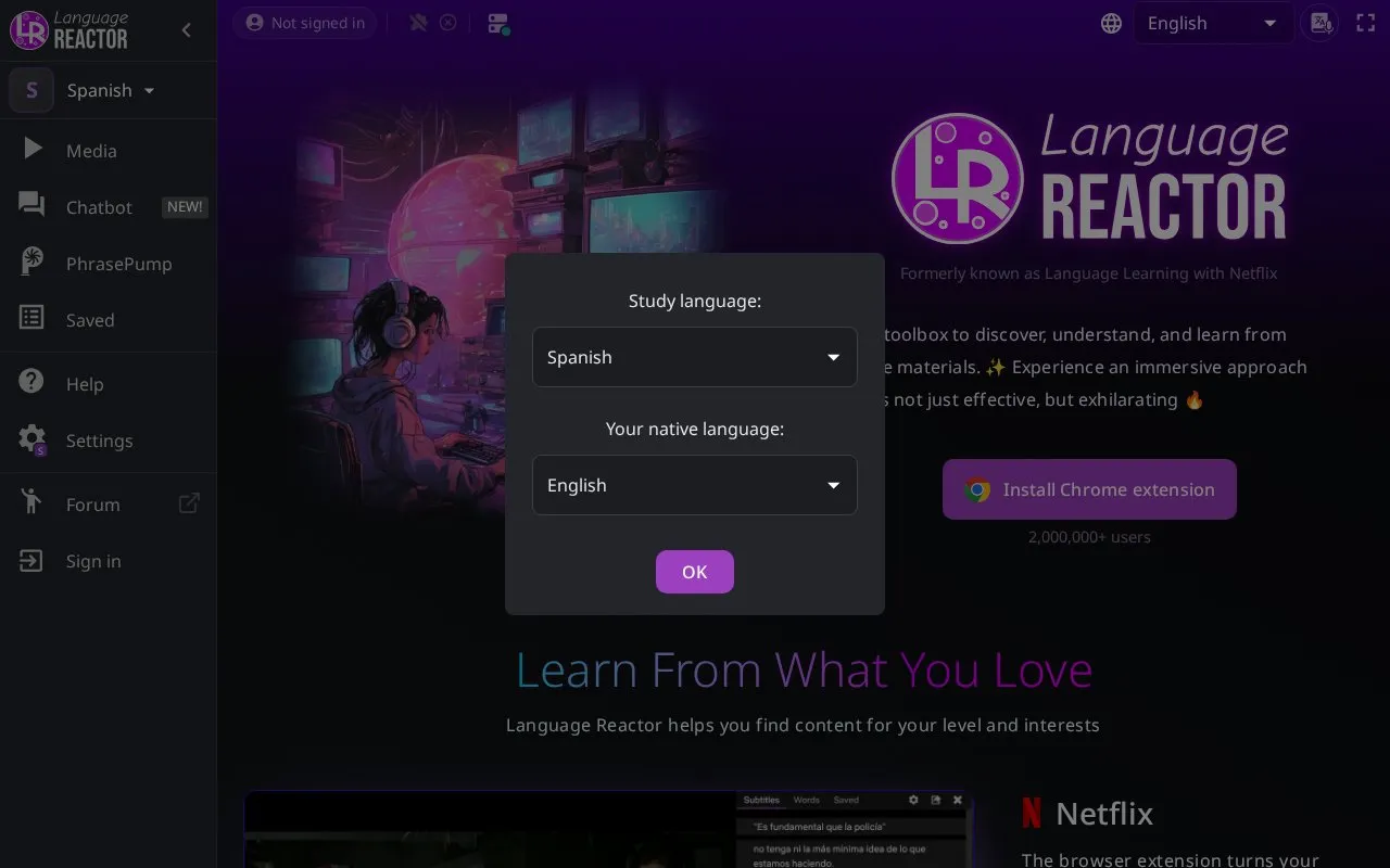 Language Reactor homepage screenshot