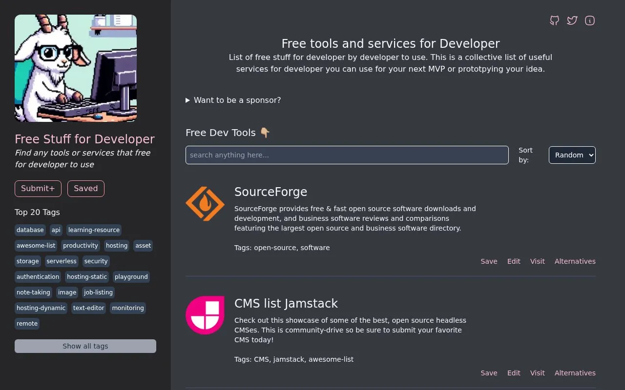 Free Developer Stuff homepage screenshot