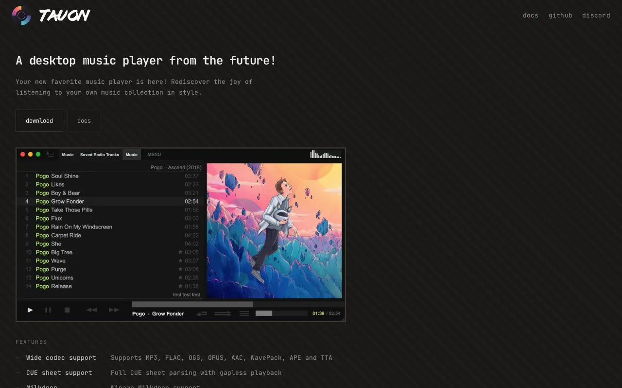Tauon Music Box homepage screenshot