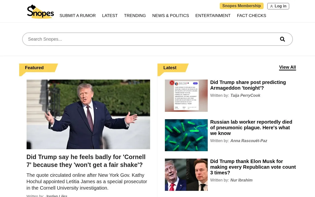 Snopes homepage screenshot
