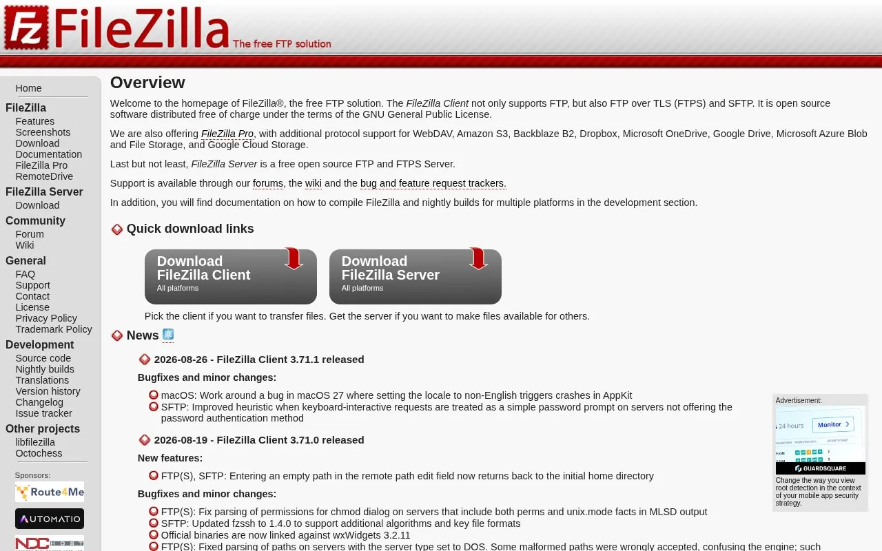 FileZilla homepage screenshot