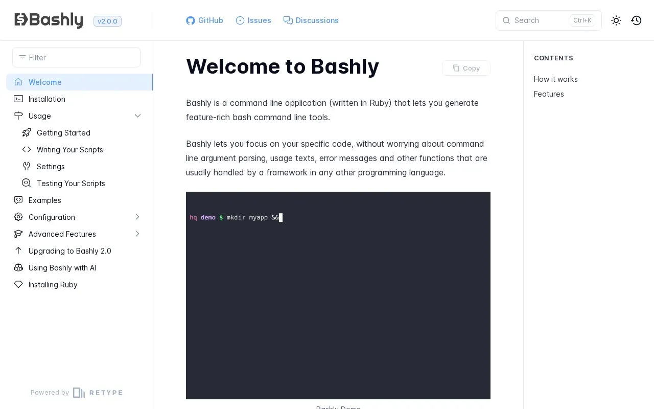 Bashly homepage screenshot