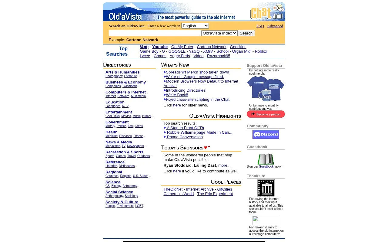 Old'Avista homepage screenshot