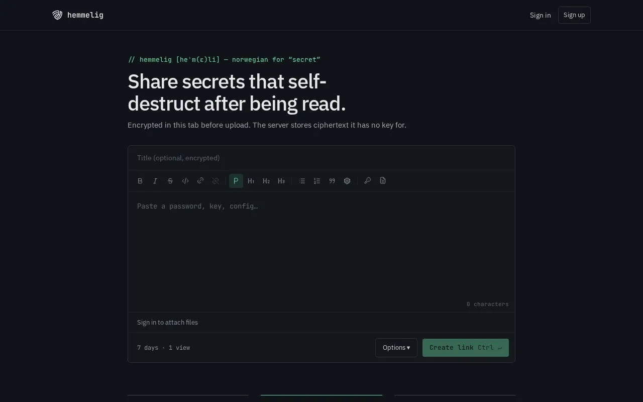 Hemmelig homepage screenshot
