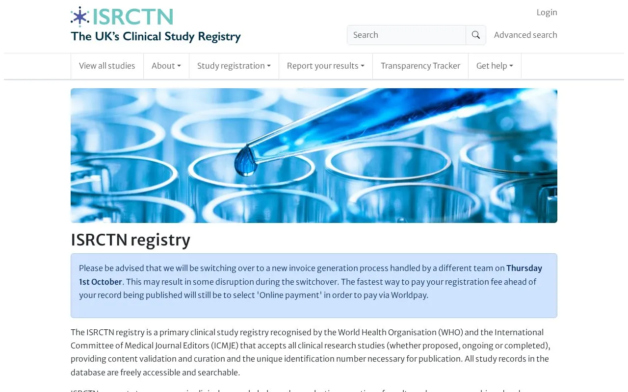 ISRCTN Registry homepage screenshot